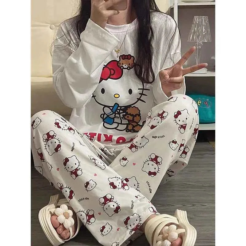 Kawaii Sanrios Hello Kitty Women's Pajamas Set Anime Cartoon Students Autumn Winter Polyester Long Sleeved Girls Nightwear Gift