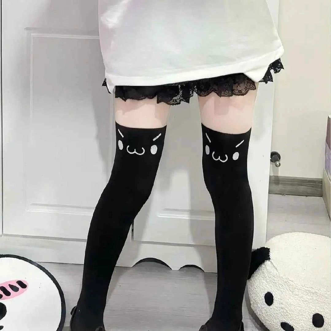 Japanese Kawaii Expression Thigh Socks White Print Long Socks JK Harajuku Over Knee Thigh High Stockings Y2K Cosplay Socks