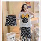 Women Three-piece Set Senior sense Pajamas Print Sleepwear Set Young Girls   Round Neck Short Sleeved Top Loungewear Homewear