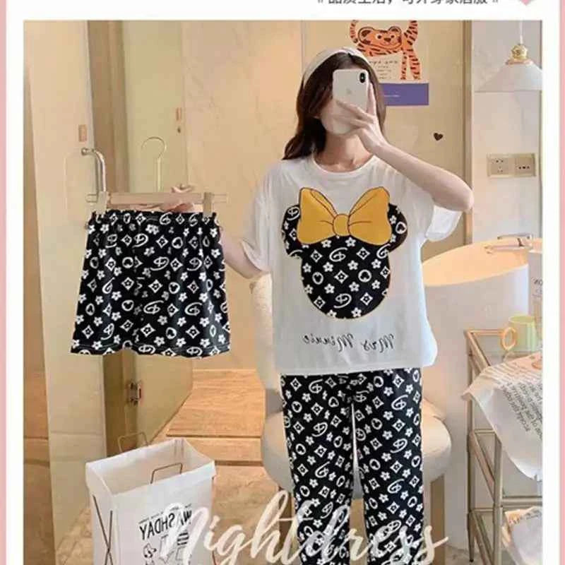 Women Three-piece Set Senior sense Pajamas Print Sleepwear Set Young Girls   Round Neck Short Sleeved Top Loungewear Homewear