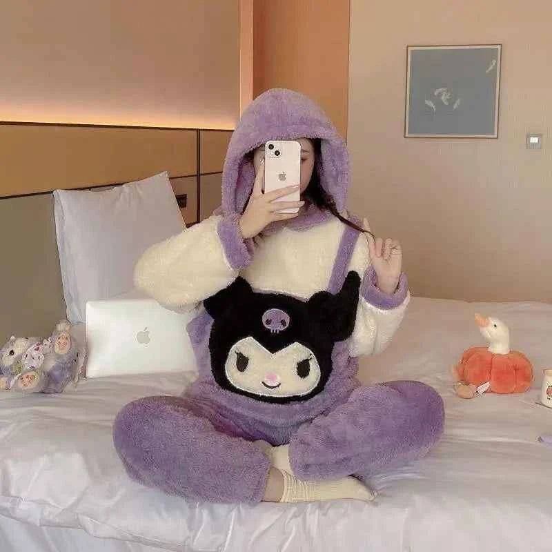 Sanrios Cinnamoroll Pajamas Women's Winter Kuromi Coral Velvet Thicken New Loose Large Size Trendy Outerwear Home Clothes Warmth