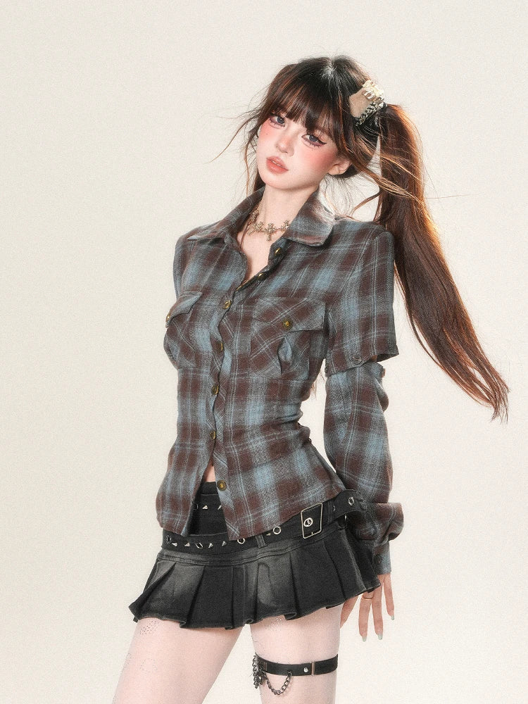 Retro Plaid Personalized Shirt Long Sleeved Shoulder Cinched - Vusy Kawaii Shop