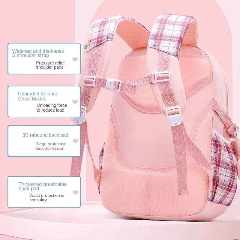 New Spine Protection Primary School Students Girls Checkered Backpack with Large Capacity Lightweight Waterproof Children's Bag