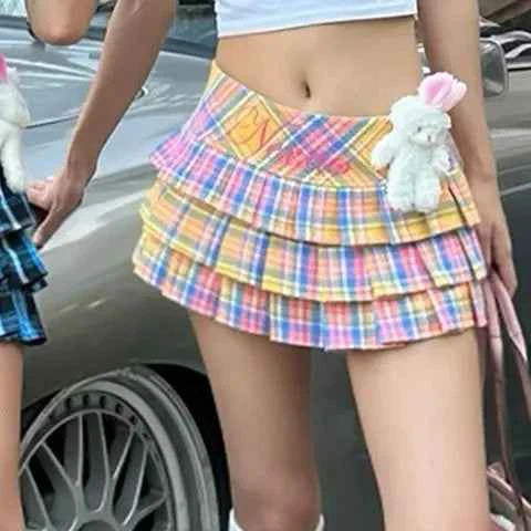 American Colored Plaid Skirt Sexy Low-Waist A-Line Cake