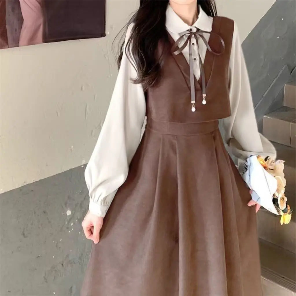 Kawaii Dress Suits 2022 Spring Autumn New Japan School Girl Student Doll Collar Long Sleeve Dress + Cape Shawl Two-piece Set - Vusy Kawaii Shop