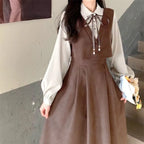 Kawaii Dress Suits 2022 Spring Autumn New Japan School Girl Student Doll Collar Long Sleeve Dress + Cape Shawl Two-piece Set - Vusy Kawaii Shop