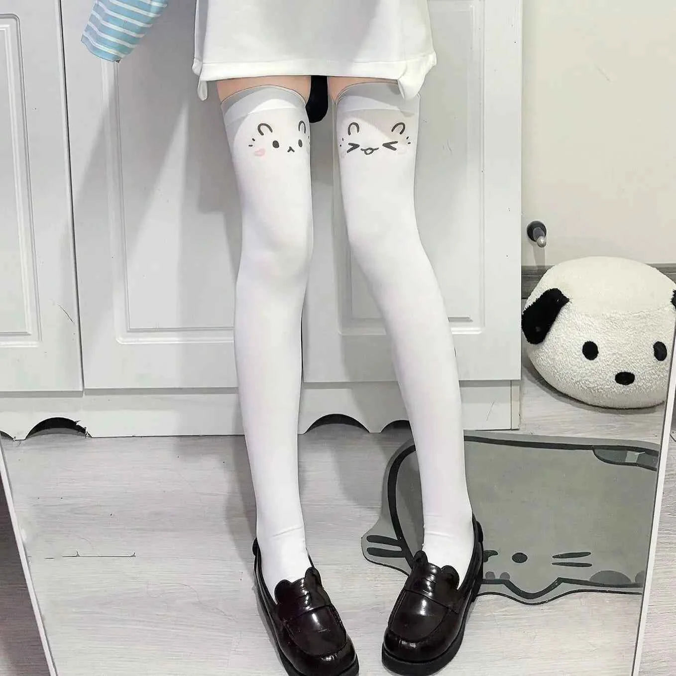 Japanese Kawaii Expression Thigh Socks White Print Long Socks JK Harajuku Over Knee Thigh High Stockings Y2K Cosplay Socks