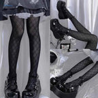 Women Lolita Black Silky Pantyhose Argyle Diamond Plaid Pattern Tights Stockings