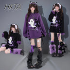 Y2K ghost knit sweaters in purple and black on models, Halloween look collage