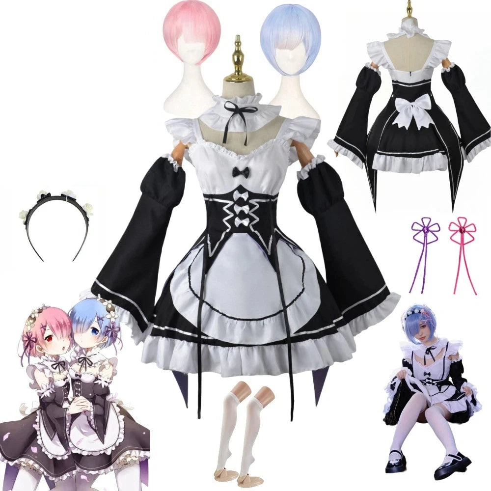 Black and white maid dress with white apron and ruffled collar, close up