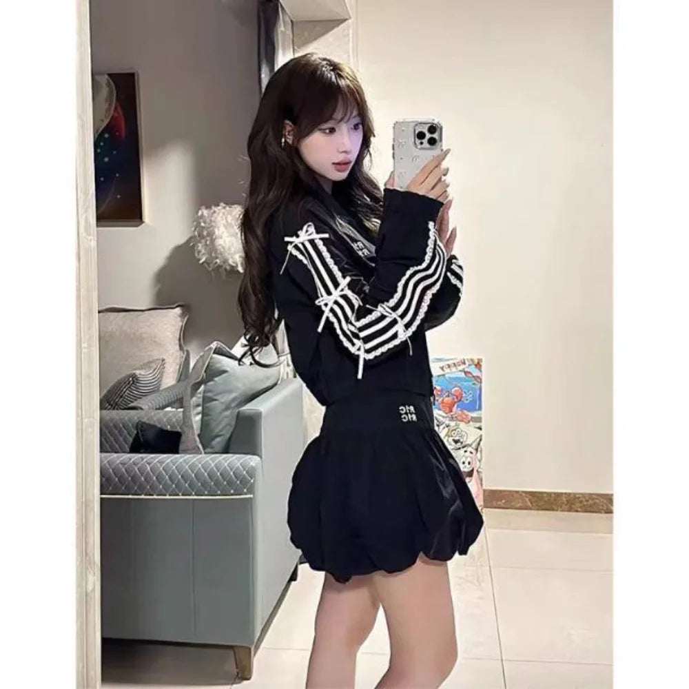 Lace Patchwork Black Commuting Cropped Jacket and Bud Skirt - Vusy Kawaii Shop