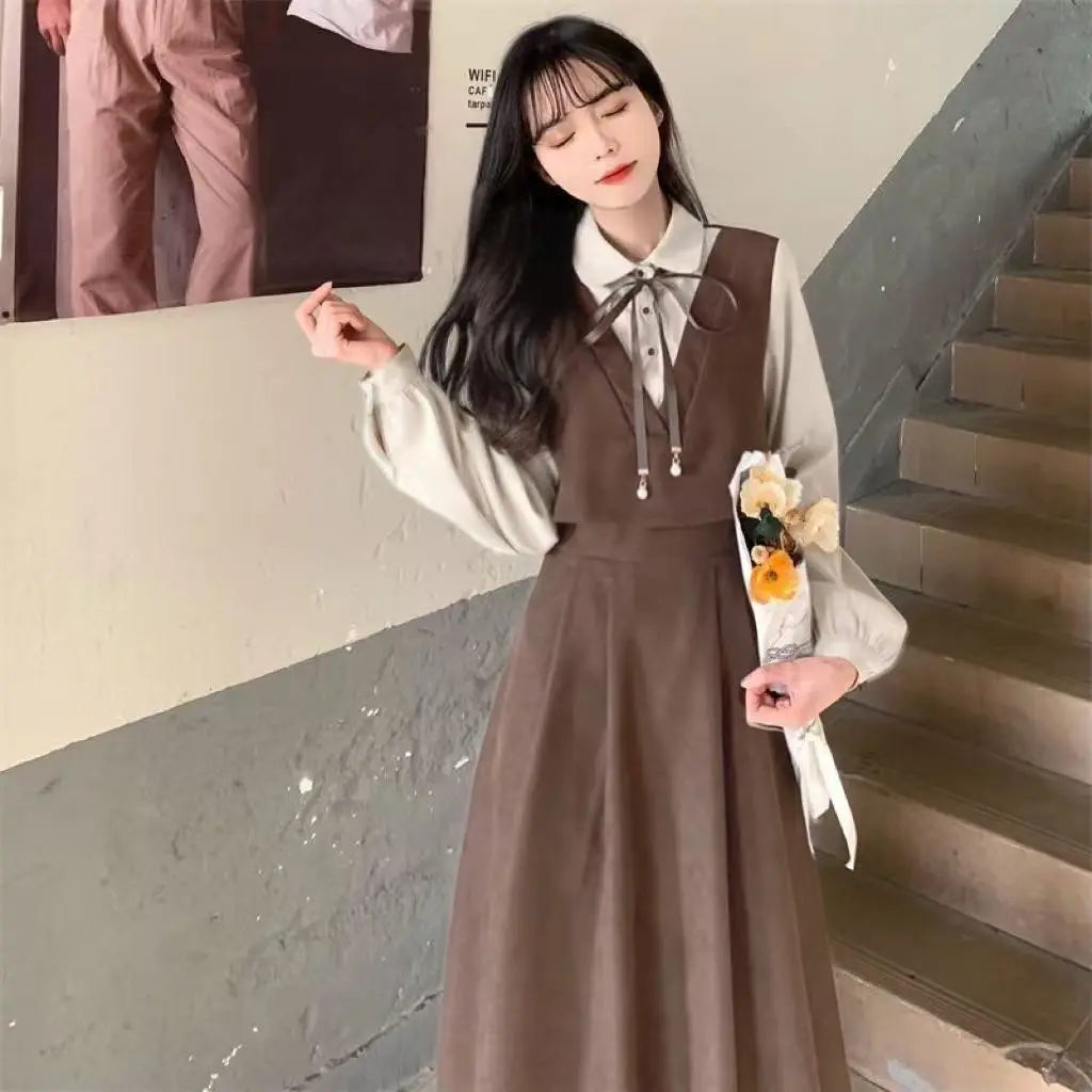 Kawaii Dress Suits 2022 Spring Autumn New Japan School Girl Student Doll Collar Long Sleeve Dress + Cape Shawl Two-piece Set - Vusy Kawaii Shop