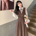 Kawaii Dress Suits 2022 Spring Autumn New Japan School Girl Student Doll Collar Long Sleeve Dress + Cape Shawl Two-piece Set - Vusy Kawaii Shop