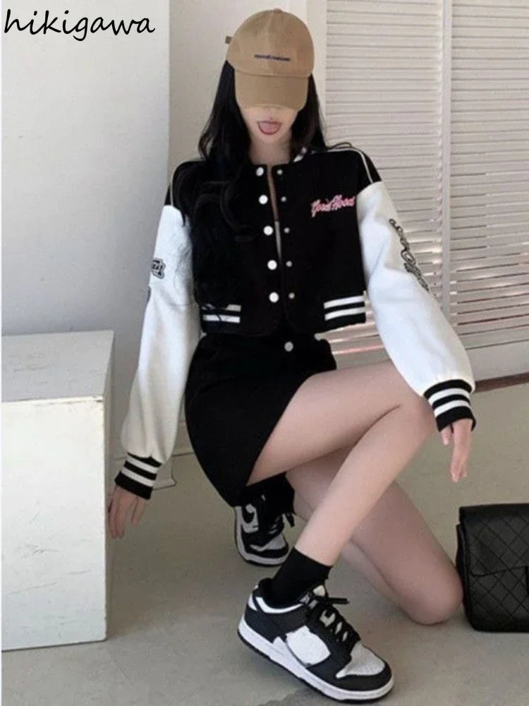 Fashion Two Piece Sets Outfits Letter Long Sleeve Crop Coat - Vusy Kawaii Shop