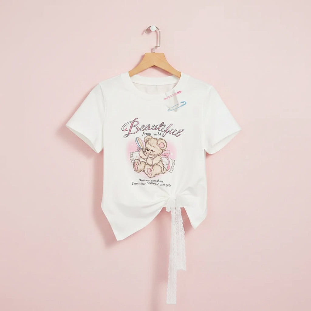 Sweetheart Bear Printed Soft Girl Slimming Crop Top Women - Vusy Kawaii Shop