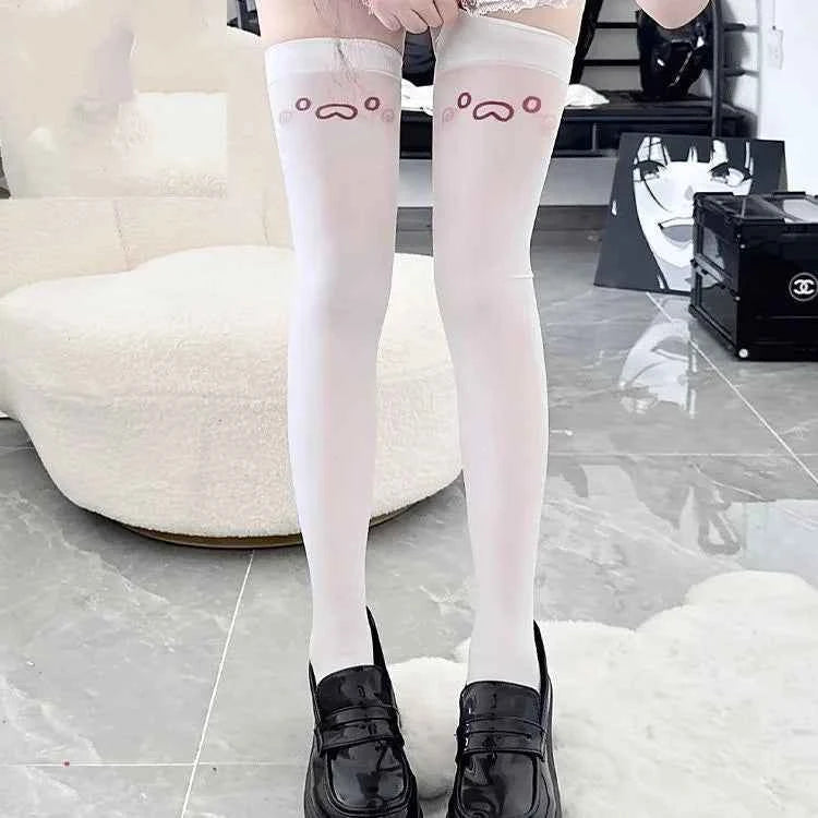 Japanese Kawaii Expression Thigh Socks White Print Long Socks JK Harajuku Over Knee Thigh High Stockings Y2K Cosplay Socks