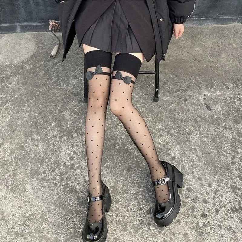 Japanese Style Thigh High Stockings Long Socks Women Cute Sweet Girls Lolita Bow Over Knee Socks Polka Dot Summer Nylon Stocking