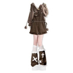 Brown Hooded Sweater and Denim Overall Shorts Set, flat lay of mocha hooded sweater and brown denim overall shorts