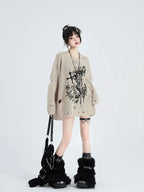 Khaki Ripped Sweater Spring-Autumn Lazy Style Cartoon Girl - Vusy Kawaii Shop