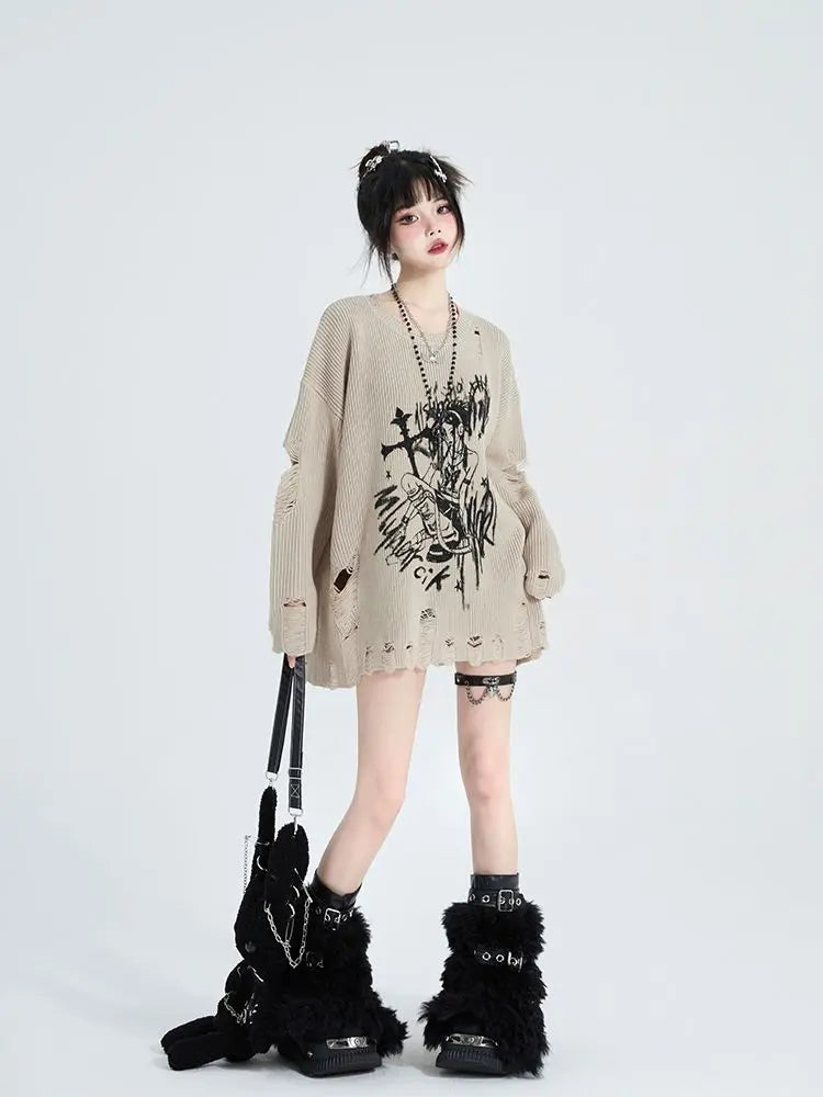 Khaki Ripped Sweater Spring-Autumn Lazy Style Cartoon Girl - Vusy Kawaii Shop
