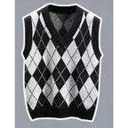 Pants Sets Contrast Plaid V Neck Knitted Vest White Shirt - Vusy Kawaii Shop