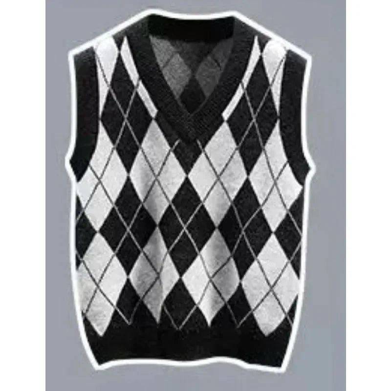 Pants Sets Contrast Plaid V Neck Knitted Vest White Shirt - Vusy Kawaii Shop