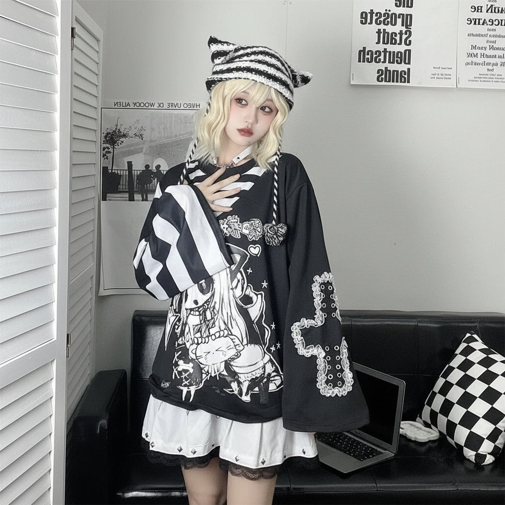 Japanese Fashion Fake Two Pieces Cartoon Print T-shirts - Vusy Kawaii Shop