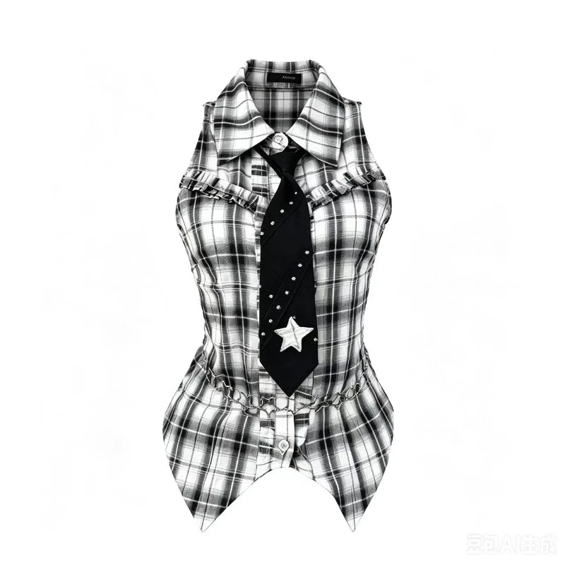 Women's Gothic Preppy Plaid Shirt, Ruffle Cardigan & Tiered Skirt Set