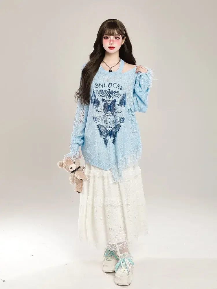 Irregular Butterfly Off Shoulder Sweater Women Clothing - Vusy Kawaii Shop