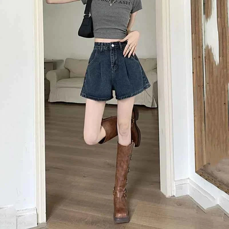 Wide Leg Jeans Shorts Women Summer High Waist Loose Vintage