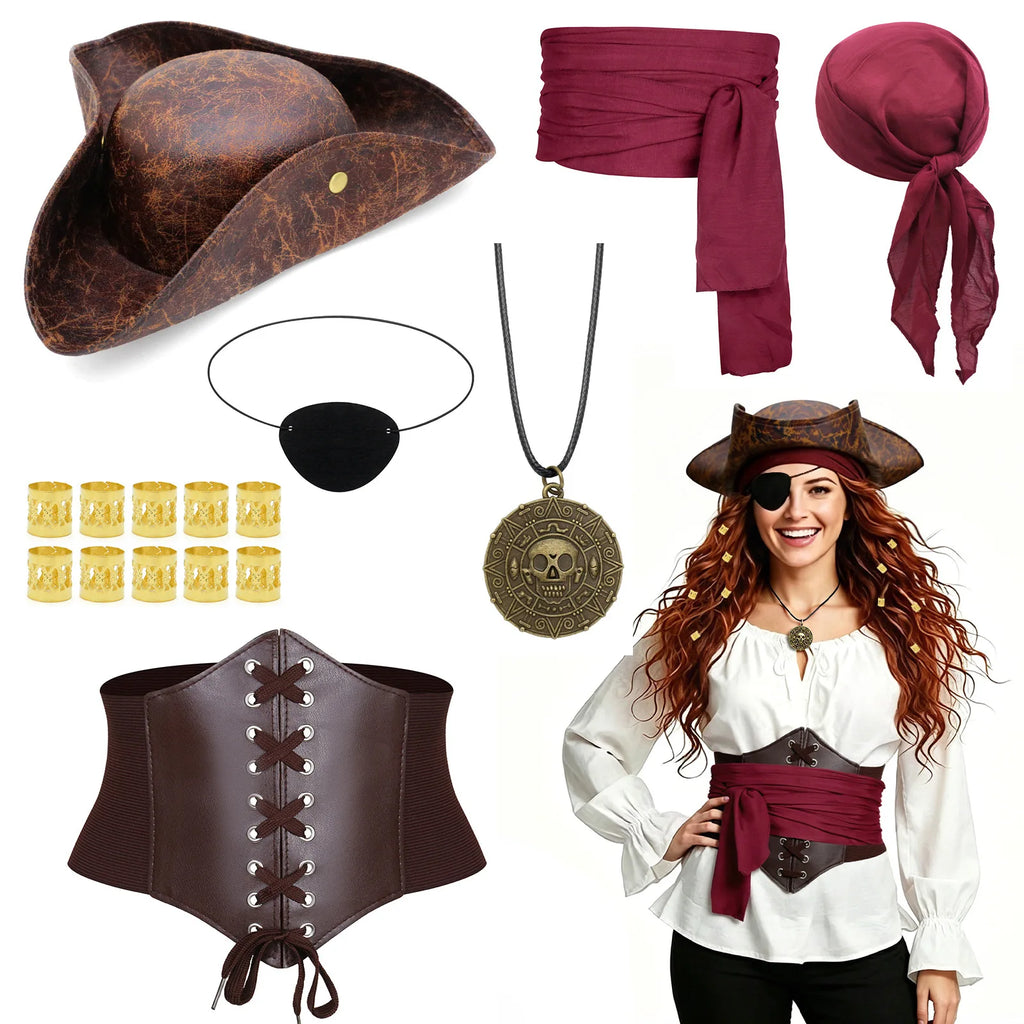 Burgundy pirate accessory set flat lay with model wearing the costume