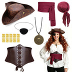 Burgundy pirate accessory set flat lay with model wearing the costume