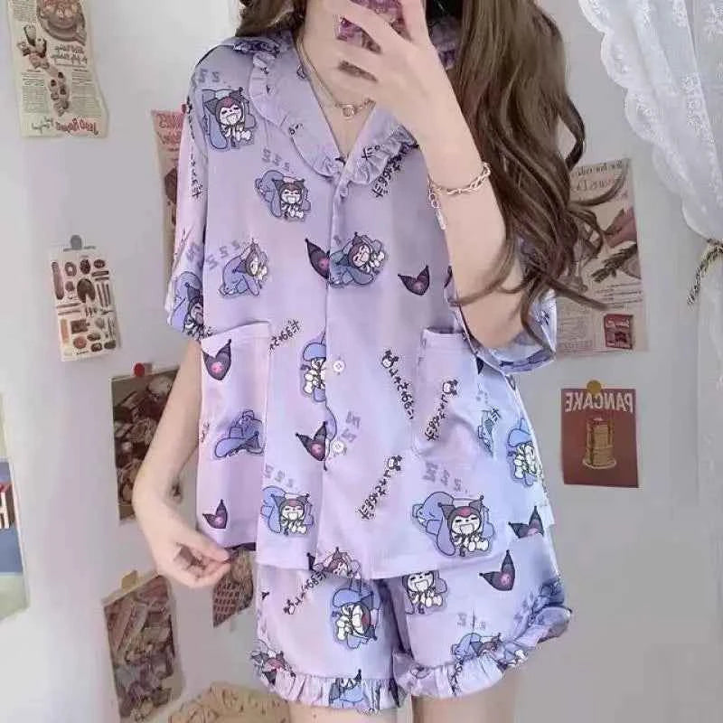 Cartoon Sanrioed Pajamas Suit Kawaii Hello Kittys Kuromi Summer Home Clothes Anime Casual Short Sleeves Shorts Student Sweet