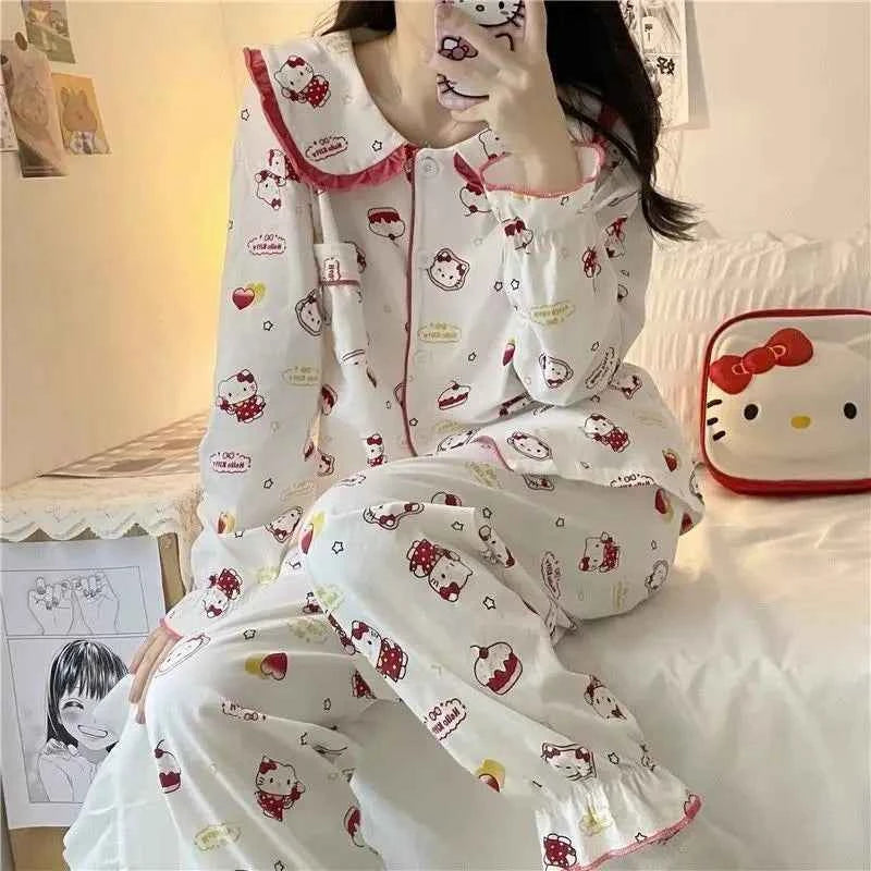 Anime Sanrioed Hello Kittys Pajamas Set Women's Clothing Kawaii Cartoon Kuromi Long Sleeves Student Home Wear Nightgown Suit