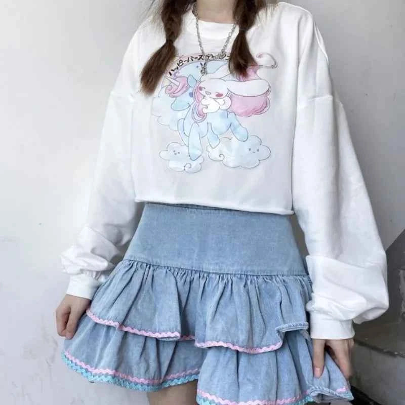 Japanese Sweet Ruched A-Line Cake Skirts High Waist Vintage