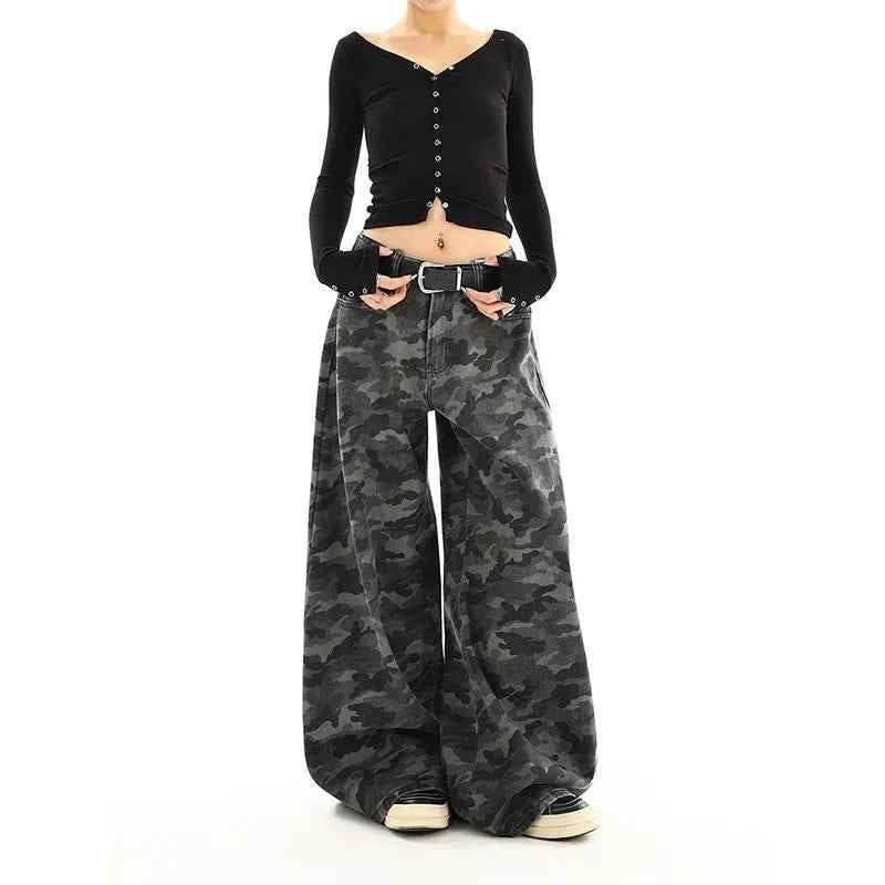 Women camouflage Jeans Sense design Vintage High Waisted Straight Denim Trouser Y2K American Streetwear Wide Leg Denim Pants ﻿