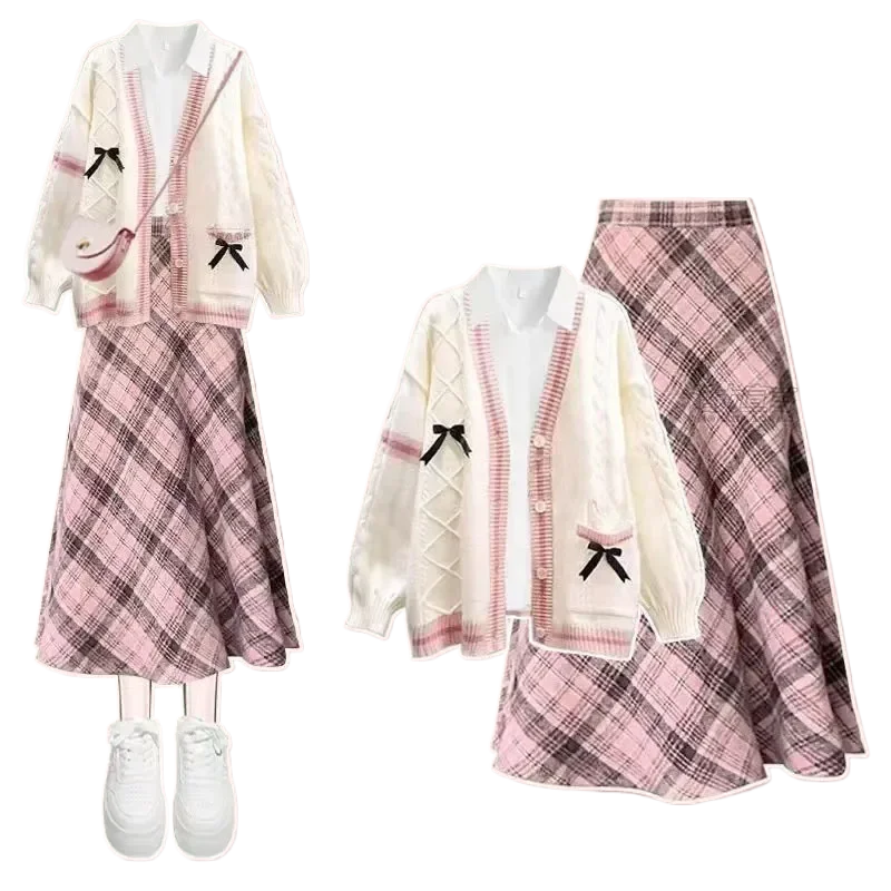 Autumn-Winter College Outfit Bow Cardigan, Shirt Plaid Set - Vusy Kawaii Shop