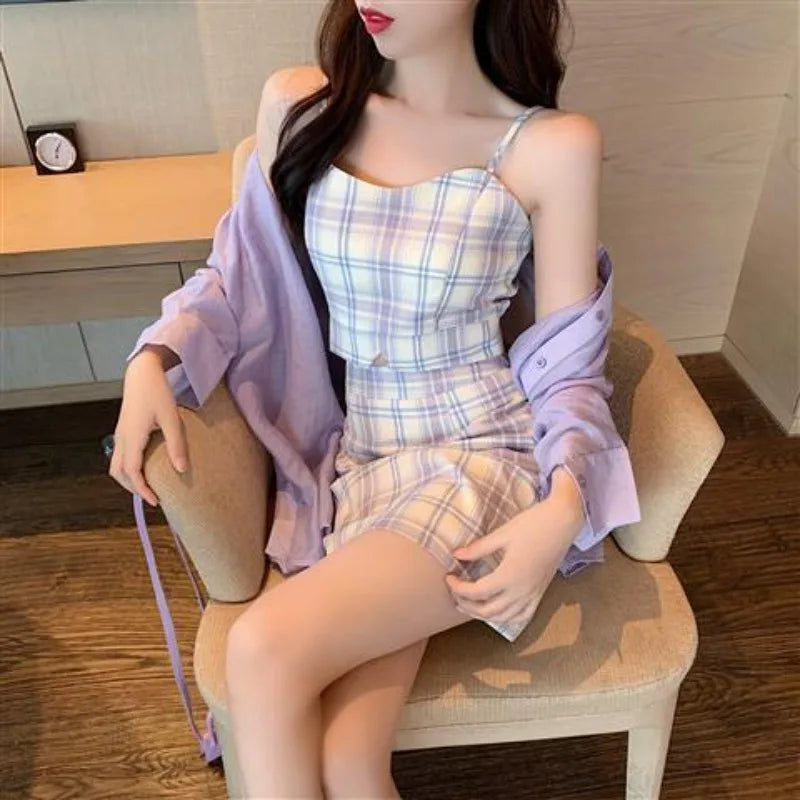 Plaid 2 Skirt Piece Set Korean Style Wide Leg Autumn - Vusy Kawaii Shop