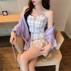 Plaid 2 Skirt Piece Set Korean Style Wide Leg Autumn - Vusy Kawaii Shop