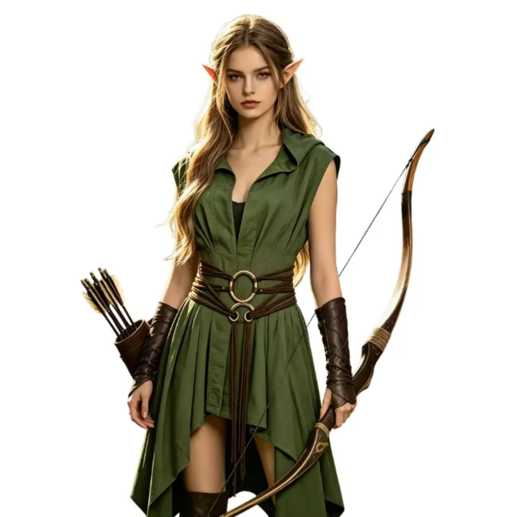 Woman in green elf ranger hooded tunic holding a bow and arrows in a fantasy forest
