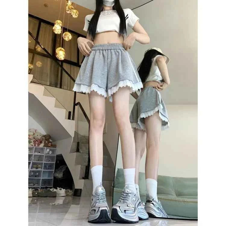 Lace Patchwork Bow Shorts Summer Elastic Waist Short Pants