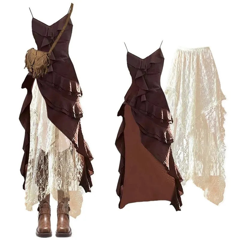 Autumn Set Women, Split Vintage Halter Dress with Lace - Vusy Kawaii Shop
