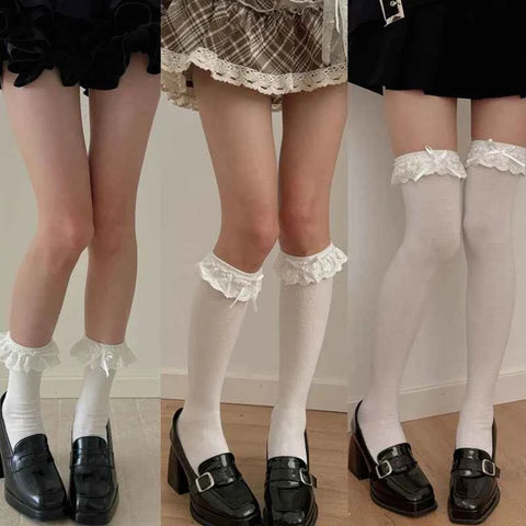 JK White Over The Knee Socks Women Classic Sweet Lace Ruffles Thigh Socks with Bowknot Girls Lolita Cotton Long Stockings Woman