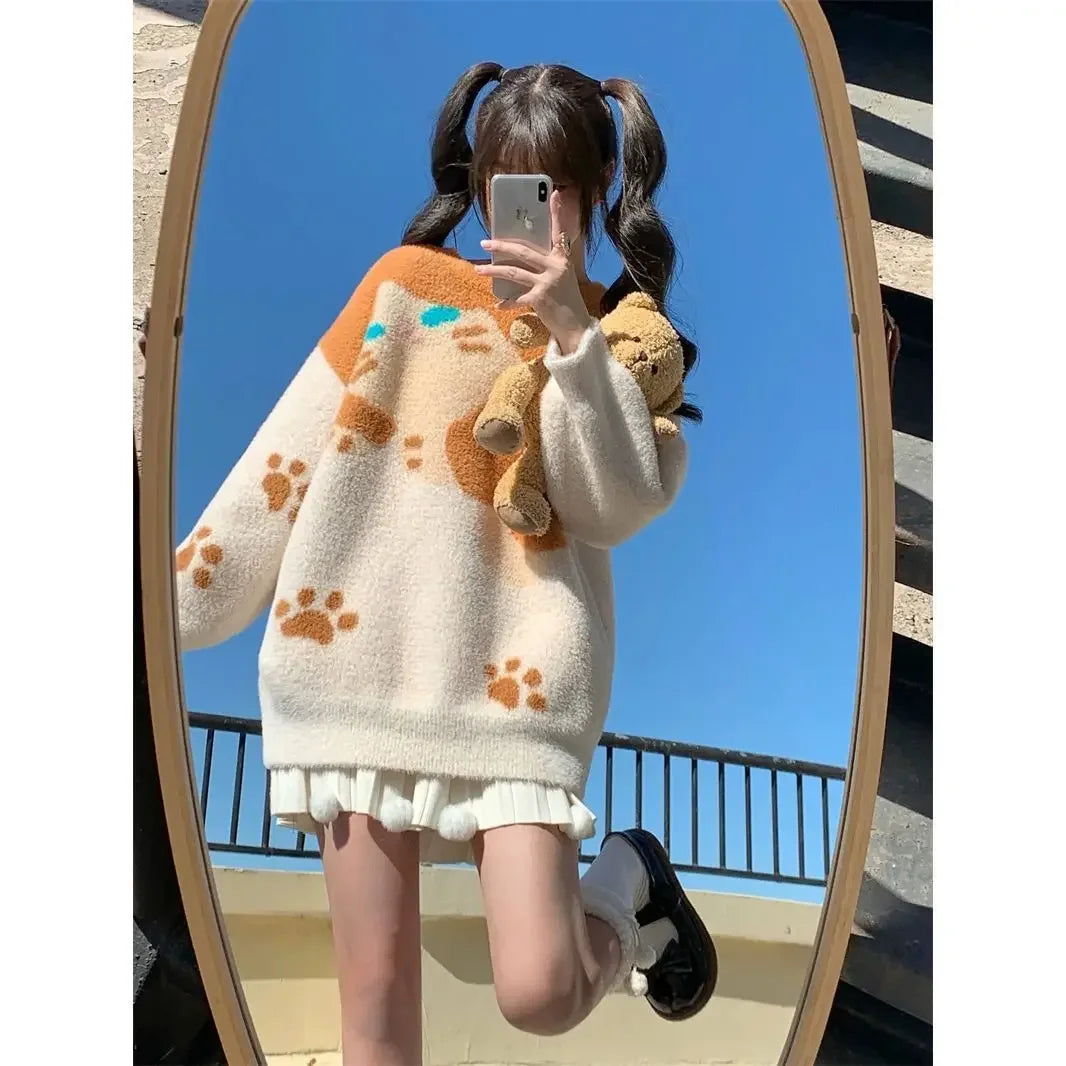 Kawaii Japanese Orange Cat Sweater Cute Cat Claw Round Neck - Vusy Kawaii Shop