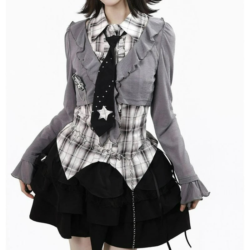 Women's Gothic Preppy Plaid Shirt, Ruffle Cardigan & Tiered Skirt Set
