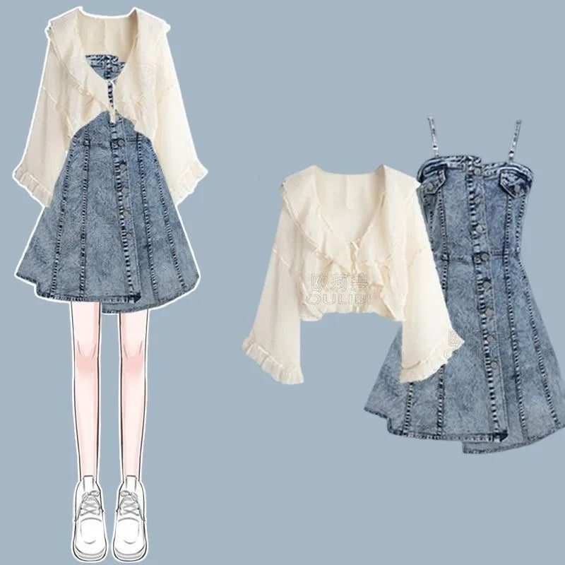 Summer Vintage Denim Skirt Matching Set Korean Elegant - Vusy Kawaii Shop