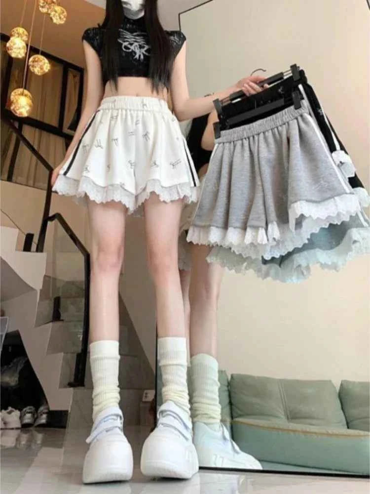 Lace Patchwork Bow Shorts Summer Elastic Waist Short Pants