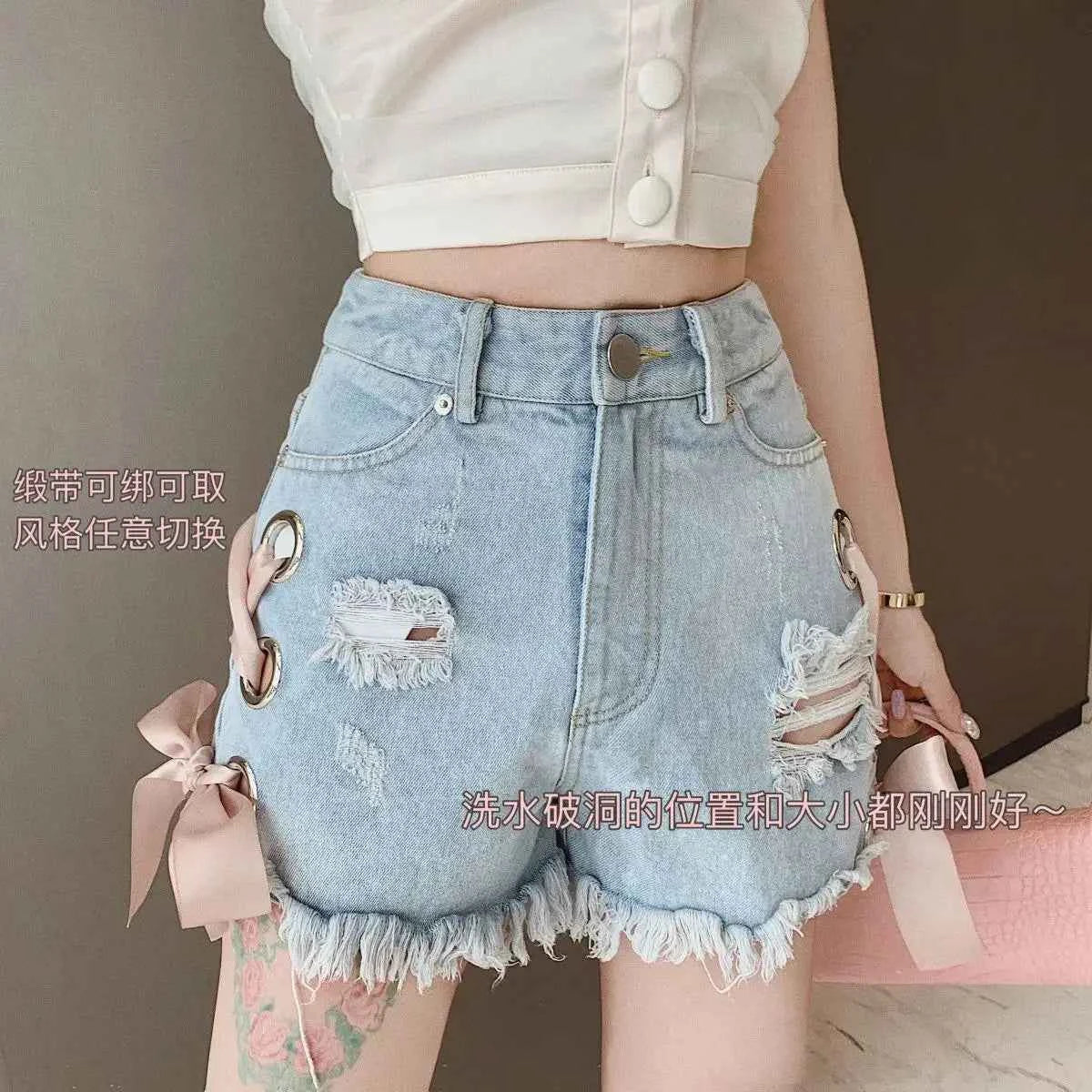 Japanese Summer High Waisted Denim Shorts Cute Ribbon Bow