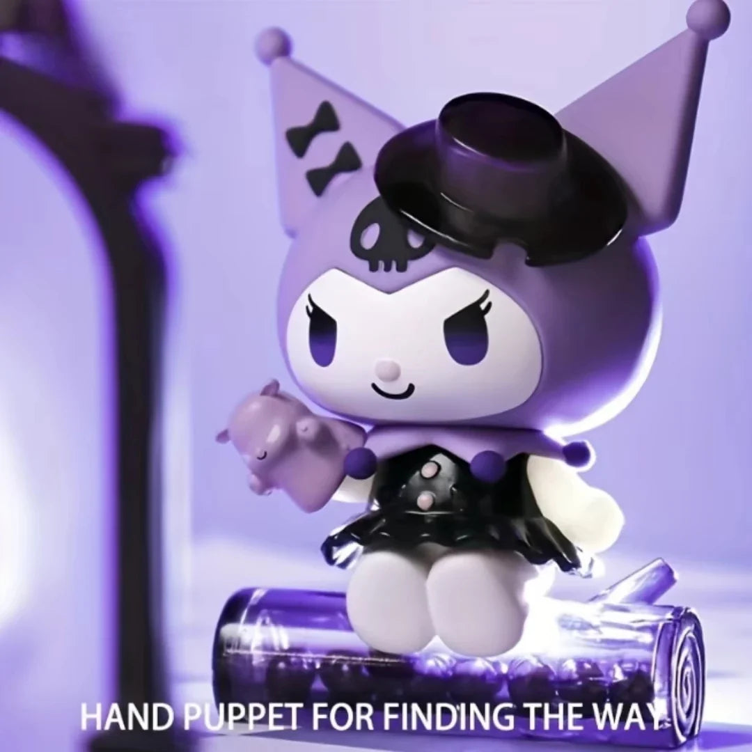 Kuromi Sanrio figure with tiny hat holding a hand puppet, close-up front view
