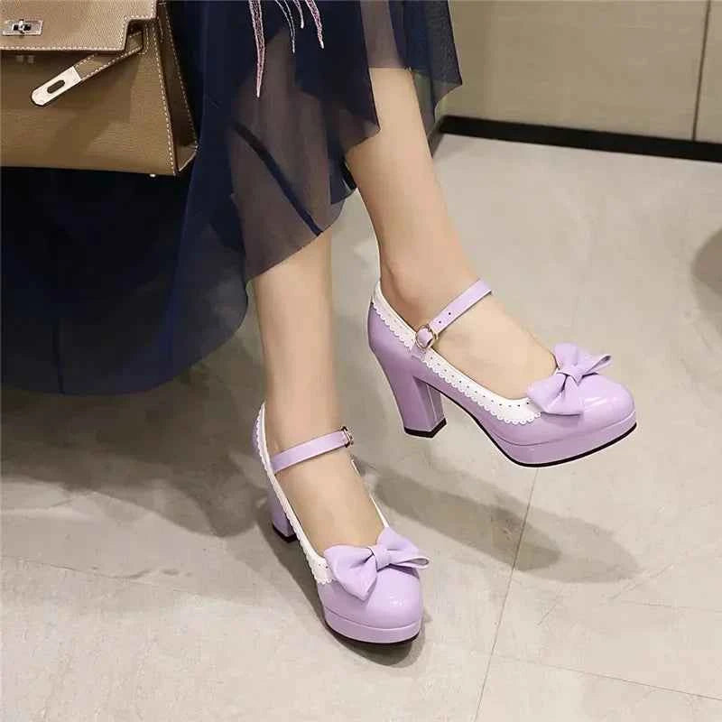 Pink Red Patent Leather Women Platform Mary Janes High Chunky Heels Pumps Lady Party Dress Summer Bowknot Round Toe Lolita Shoes